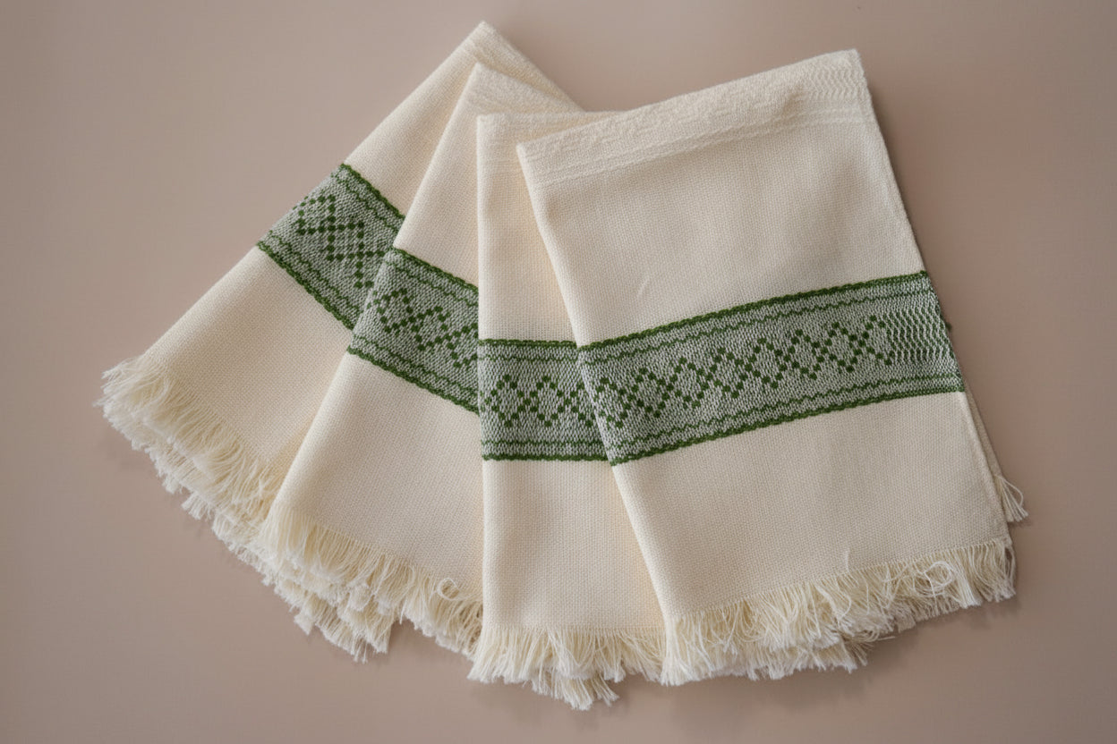 Three cream-colored towels with green patterned borders on a brown background
